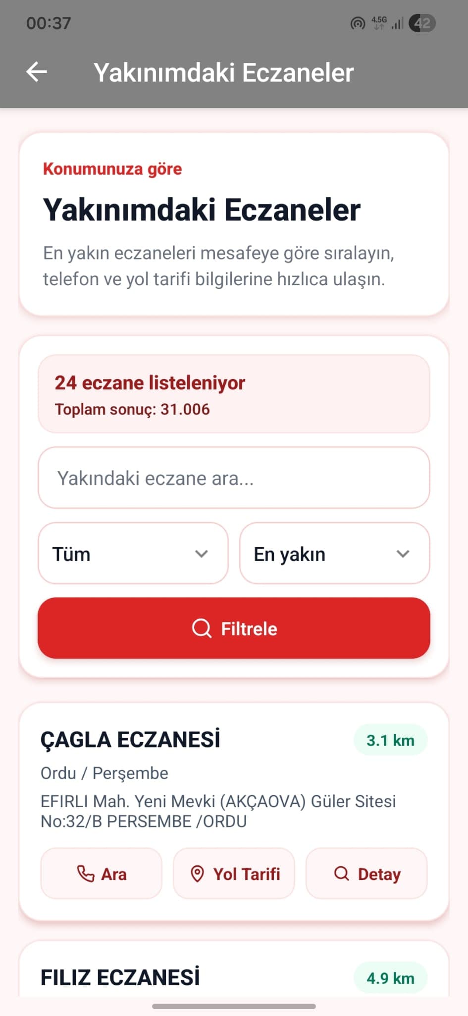 Eczane Rehber Android yakındaki eczaneler ekranı