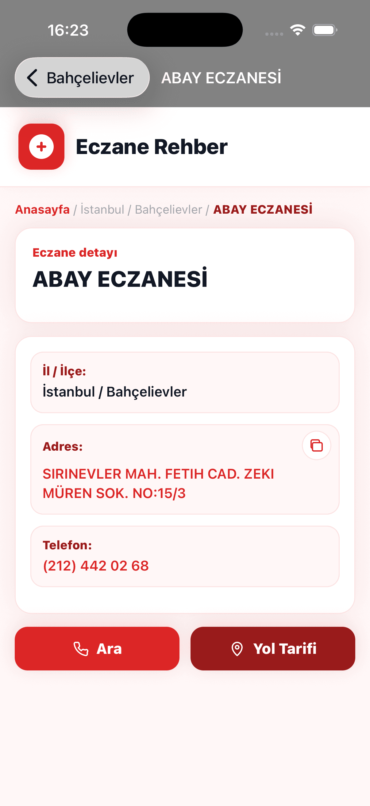 Eczane Rehber iOS eczane detay ekranı