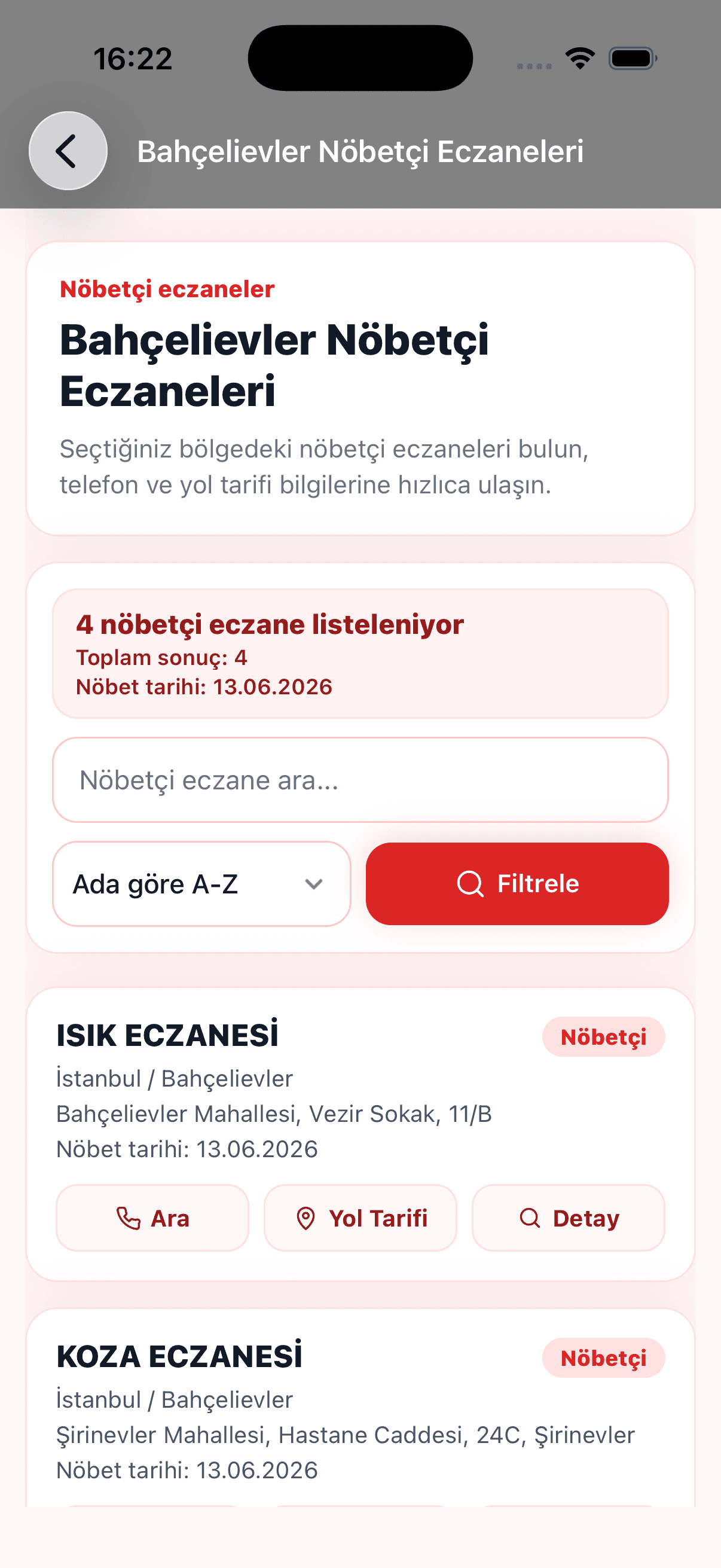 Eczane Rehber iOS nöbetçi eczane ekranı