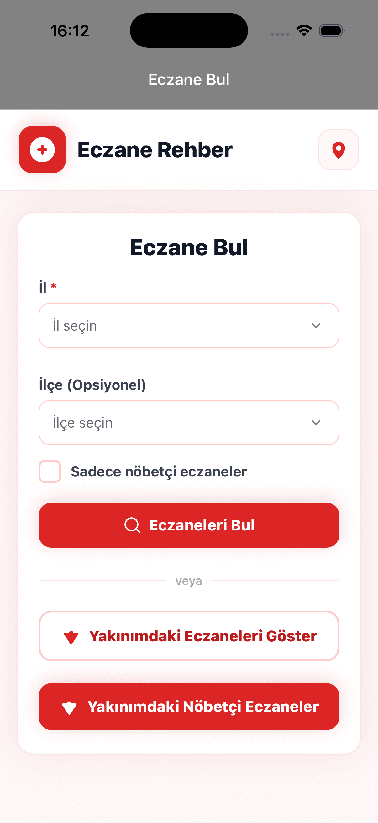 Eczane Rehber iOS ana arama ekranı