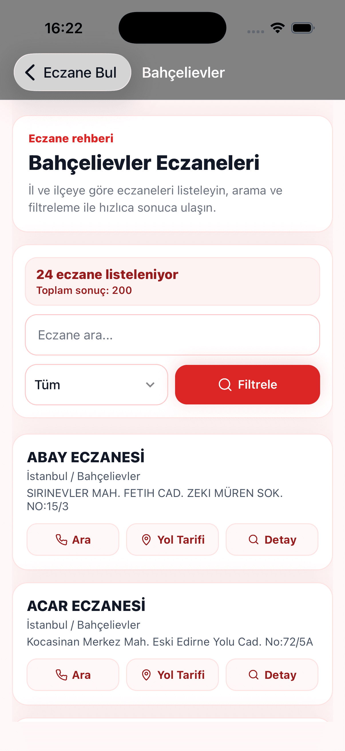 Eczane Rehber iOS eczane liste ekranı