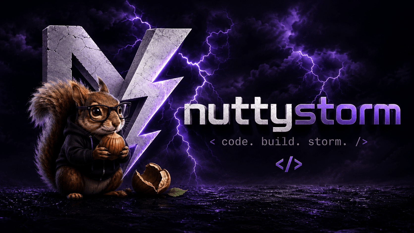 NuttyStorm sincap maskotu, yıldırım logosu ve yazılım stüdyosu görseli