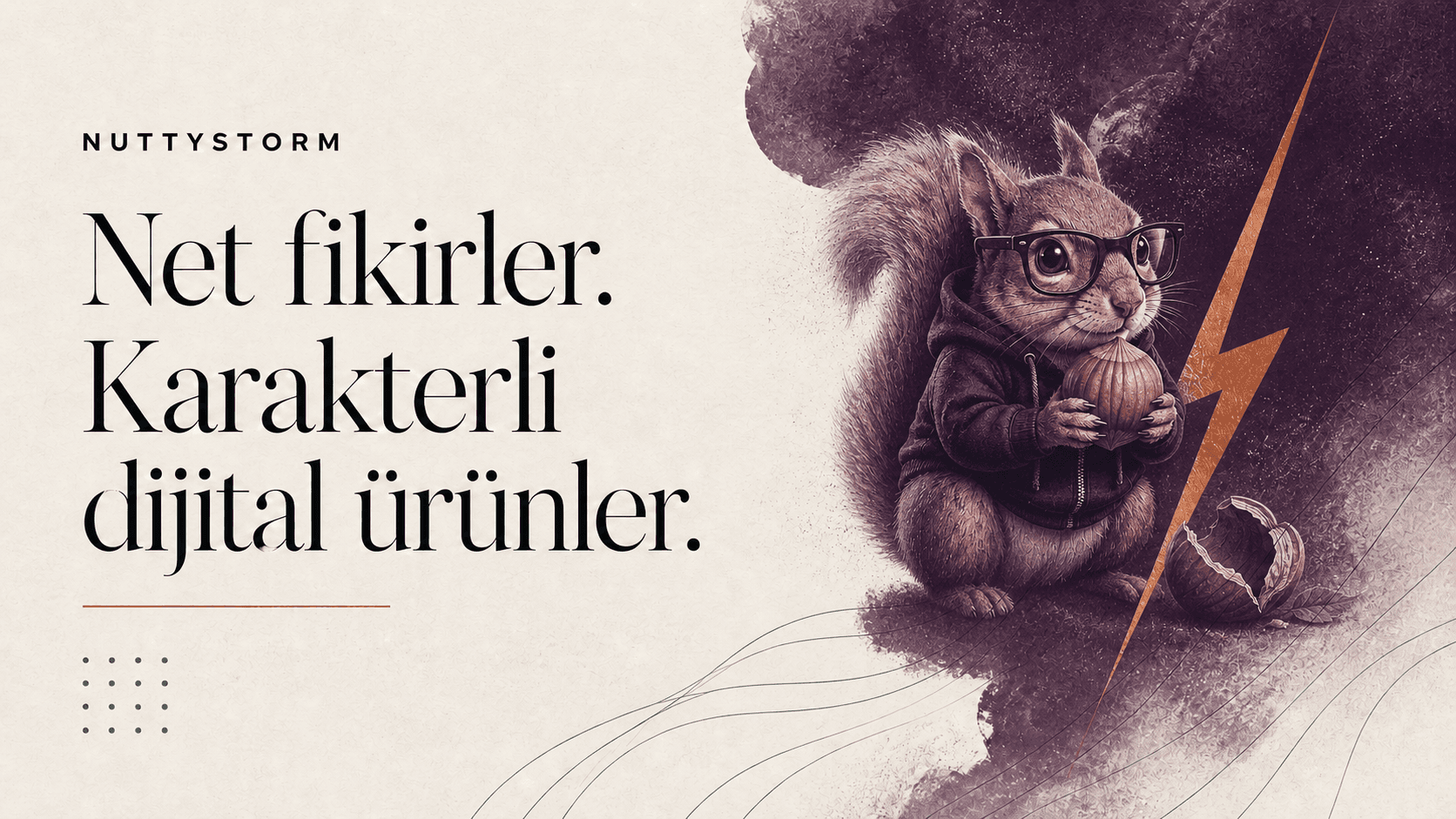 NuttyStorm editoryal fırtına görseli ve sincap maskotu