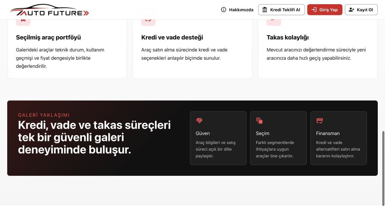 Auto Future web sitesi hizmet ve galeri yaklaşımı bölümü