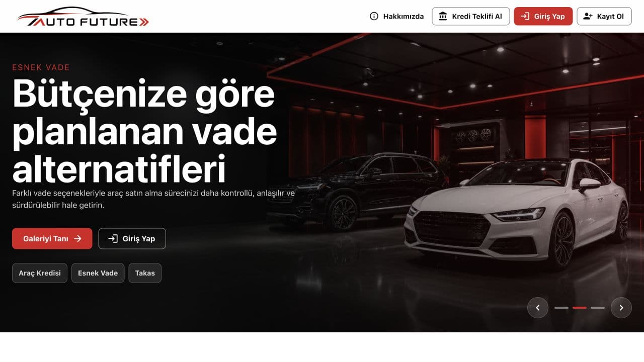 Auto Future web sitesi ana sayfa araç galerisi görünümü